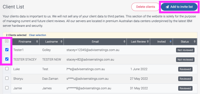 add clients to invite list